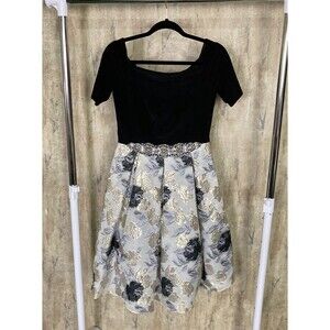 Cachet Black Silver Gray Fit & Flare Rose Full Skirt Evening Dress Sz 6 Formal